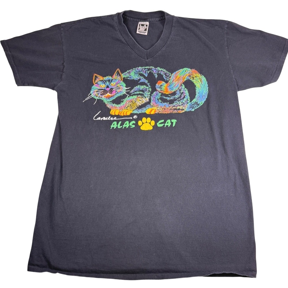 Vintage LA Sportswear Alas Cat V-Neck T-Shirt Black Neon 90s‎ USA Oversized